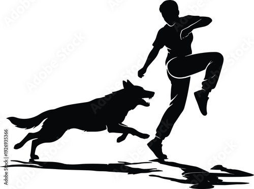 Silhouette of woman training dog in dynamic action pose, black vector illustration isolated on white background, concept of obedience, agility, and pet training.