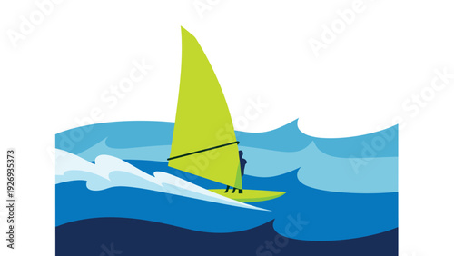 windsurfer on ocean waves with green sail hand drawn vector illustration for water sport and outdoor activity