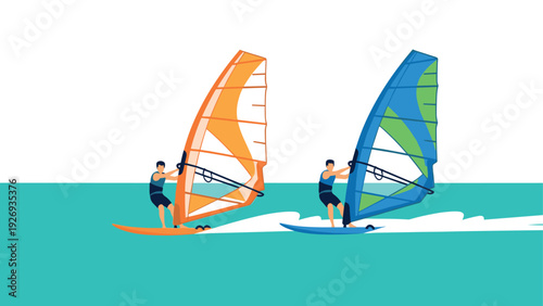 two men windsurfing on colorful boards with orange and blue sails flat vector illustration