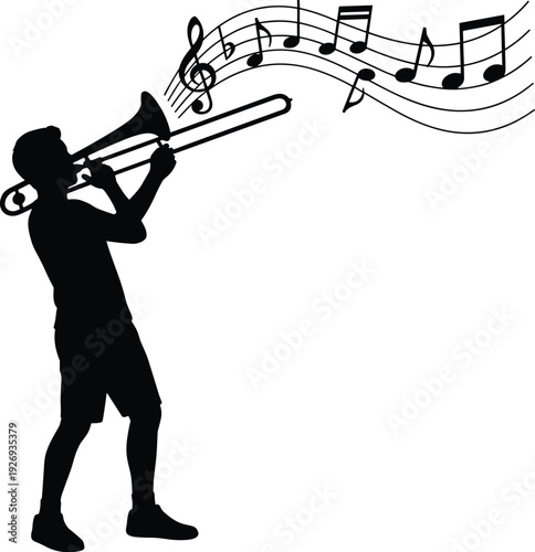 Silhouette of young man playing trombone with flowing musical notes, black vector illustration isolated on white background for jazz music concept design.