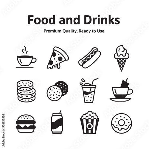 Black and white icons depicting various popular food and drink items