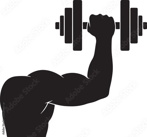Illustration of a muscular silhouette arm holding a dumbbell for weightlifting and strength training