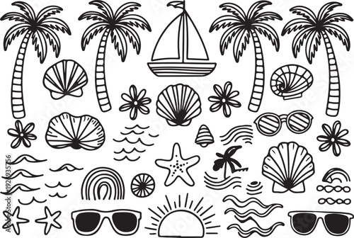 Black and white beach icons and objects illustration