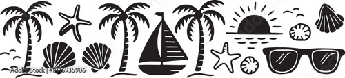 Black and white beach icons and symbols in a row