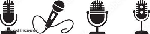 Four different types of microphone icons in black and white colors  audio equipment