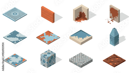 isometric rusty metal and brick wall texture collection with puddles and stains in flat design