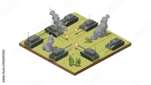isometric battle scene with seven firing tanks on battlefield with smoke and trees in flat style