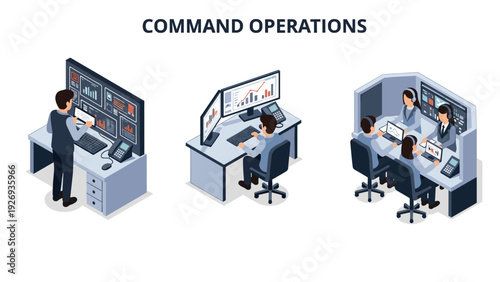 isometric command operations team working at computer desks with multiple screens and data analytics in modern office