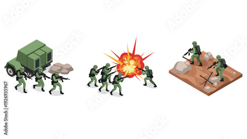 set of isometric soldier combat scenes including military truck attack explosion and trench defense in vector style