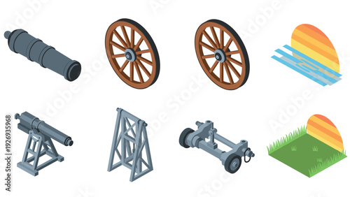 isometric set of old cannon parts wooden wheels and sunset landscapes