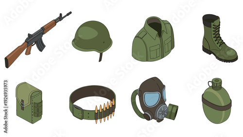 military equipment set with rifle helmet uniform boot pouch belt gas mask and canteen in isometric style