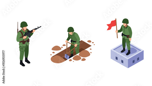 isometric soldier with rifle digging and holding flag in army uniforms military set