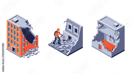 isometric damaged building structures with rubble and construction worker hand drawn vector illustration set