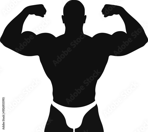 Silhouette of a muscular bodybuilder flexing powerful biceps and demonstrating physique in white briefs