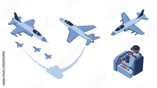 isometric fighter jet airplane set with pilot cockpit hand drawn vector illustration
