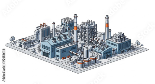 Detailed illustration of an industrial complex with numerous buildings and structures.