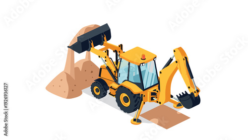 yellow backhoe loader with front bucket and rear excavator in isometric style construction equipment illustration