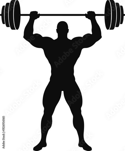 Silhouette of a muscular bodybuilder lifting a heavy barbell overhead in a powerful pose
