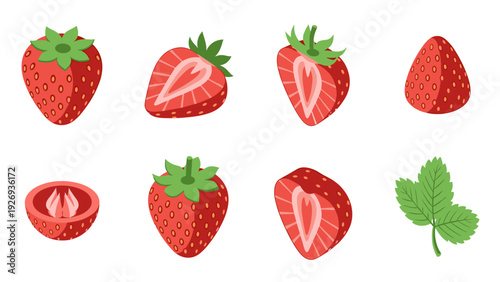 set of hand drawn strawberries with whole and sliced fruit and green leaves collection for design