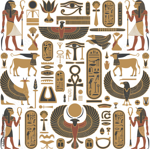 Ancient Egyptian hieroglyph symbols illustration, gods, pharaohs, ankh, mythology, colorful vector set for history, culture, archaeology, wall art, design collection