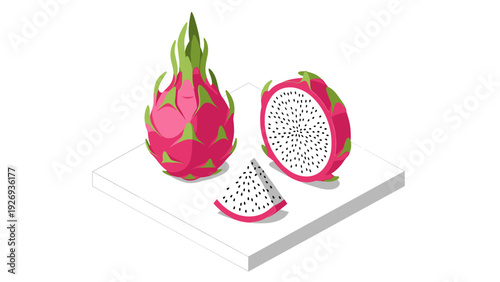 isometric dragon fruit whole half and slice hand drawn tropical fruit illustration