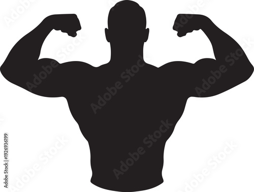 Silhouette of a muscular man flexing both arms to display biceps and upper body strength
