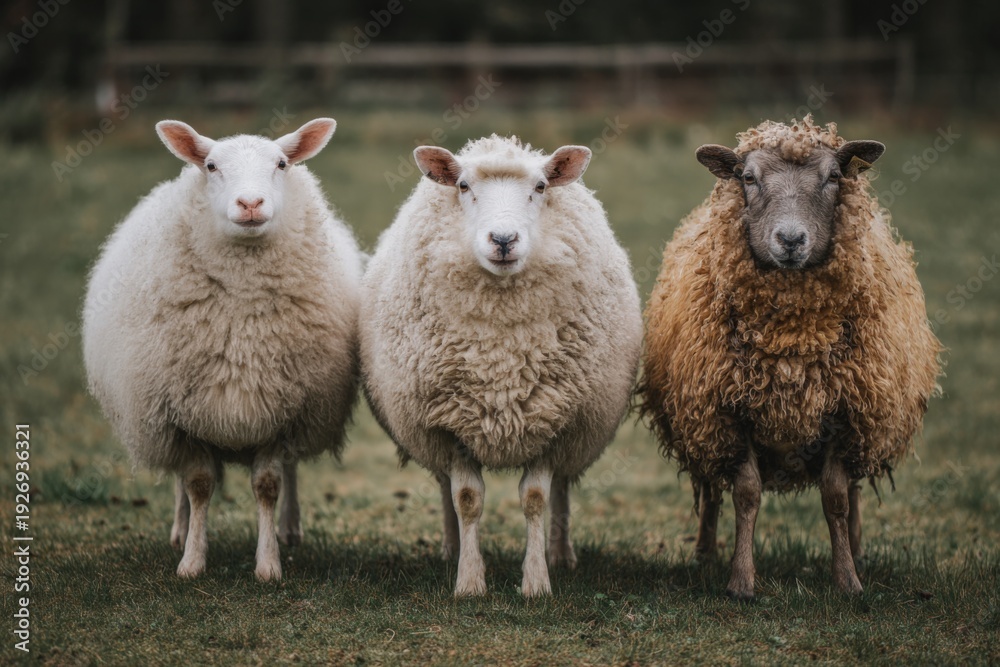 Obraz premium Trio of fluffy sheep in pasture