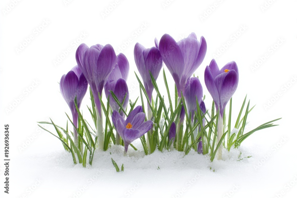 Fototapeta premium Purple crocuses emerging from snow: early spring bloom display