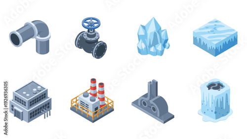 isometric factory and industrial elements with ice and pipe components collection