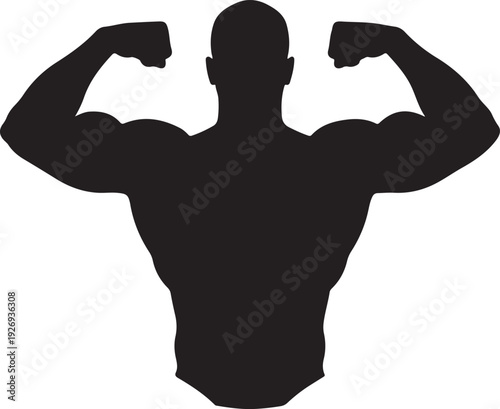 Silhouette of a muscular man flexing both biceps demonstrating strength and power