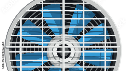 close up of modern blue and black ventilation fan with protective grill in digital art style