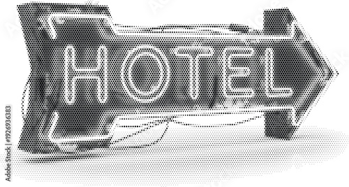 Hotel Sign Halftone Vector Illustration Black and White Retro Vintage Neon Travel Hospitality Art Print