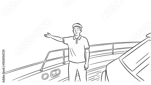 man sailor captain in uniform standing on boat deck pointing with hand hand drawn line art illustration