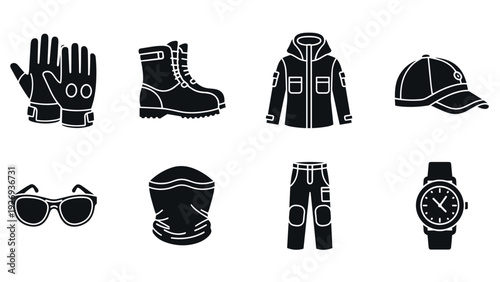 set of black outdoor clothing and accessories icons in solid style including gloves boots jacket cap sunglasses neck gaiter pants and watch