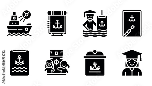 naval education and maritime graduation icons set in solid black style