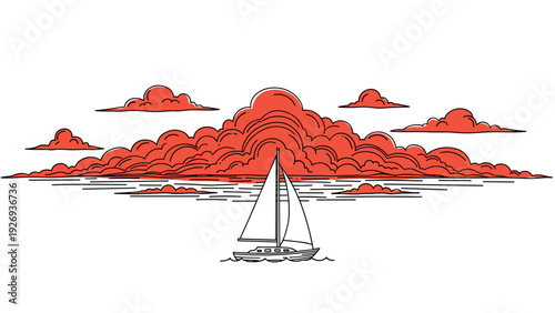 sailboat sailing on calm water under vibrant red clouds hand drawn line art illustration