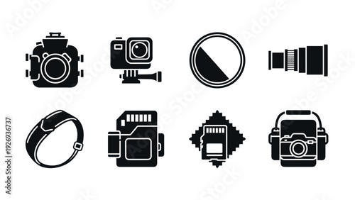 set of black silhouette photography equipment icons with underwater housing camera and action camera case hand drawn