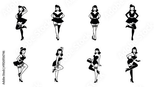 collection of pin up girls in various poses black and white hand drawn silhouette icons