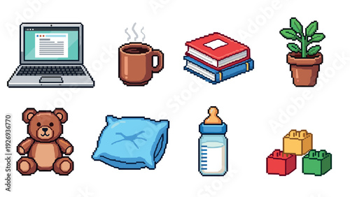 pixel art collection of everyday objects including laptop coffee books plant teddy bear pillow baby bottle and building blocks