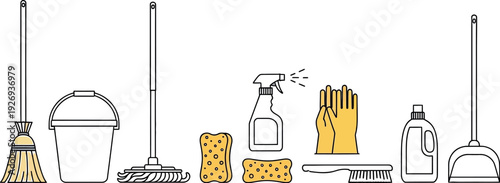 Essential collection of cleaning supplies icons featuring a broom a mop a bucket sponges spray bottle gloves detergent and a dustpan ready for household chores