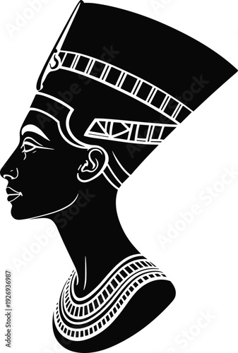 Ancient Egyptian queen Nefertiti silhouette portrait illustration, black and white vector art, royal history, mythology, elegant cultural design