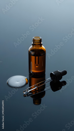 amber glass bottle with dropper and cap on reflective surface