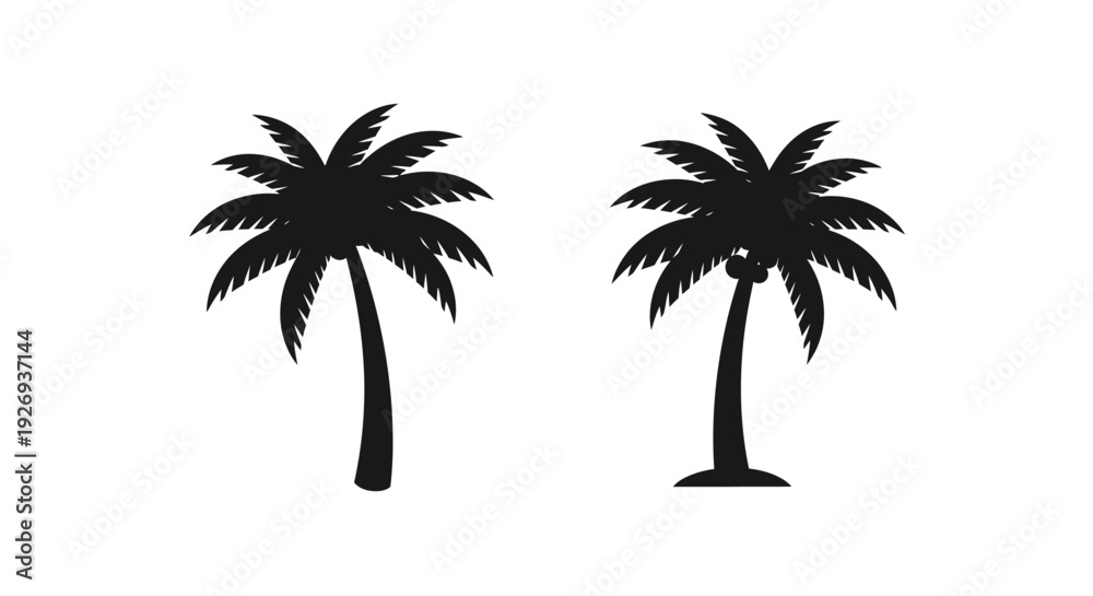Obraz premium Two tropical palm trees against a white background a striking silhouette