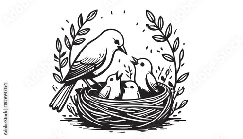 A bird sitting in a nest with its three baby birds.