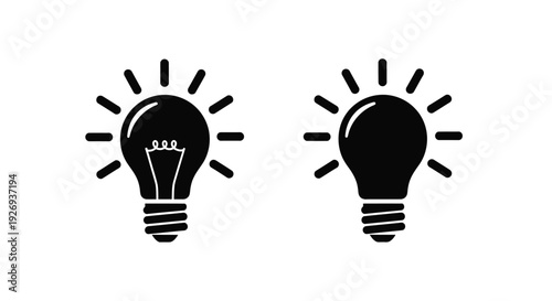 Two lightbulbs emitting rays a stark black graphic silhouette