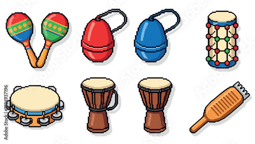 colorful pixel art set of hand percussion musical instruments vector illustration