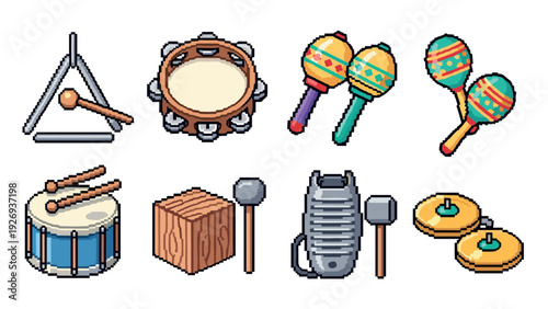 set of pixel art hand drawn percussion musical instruments including triangle tambourine maracas drum wood block guiro and cymbals
