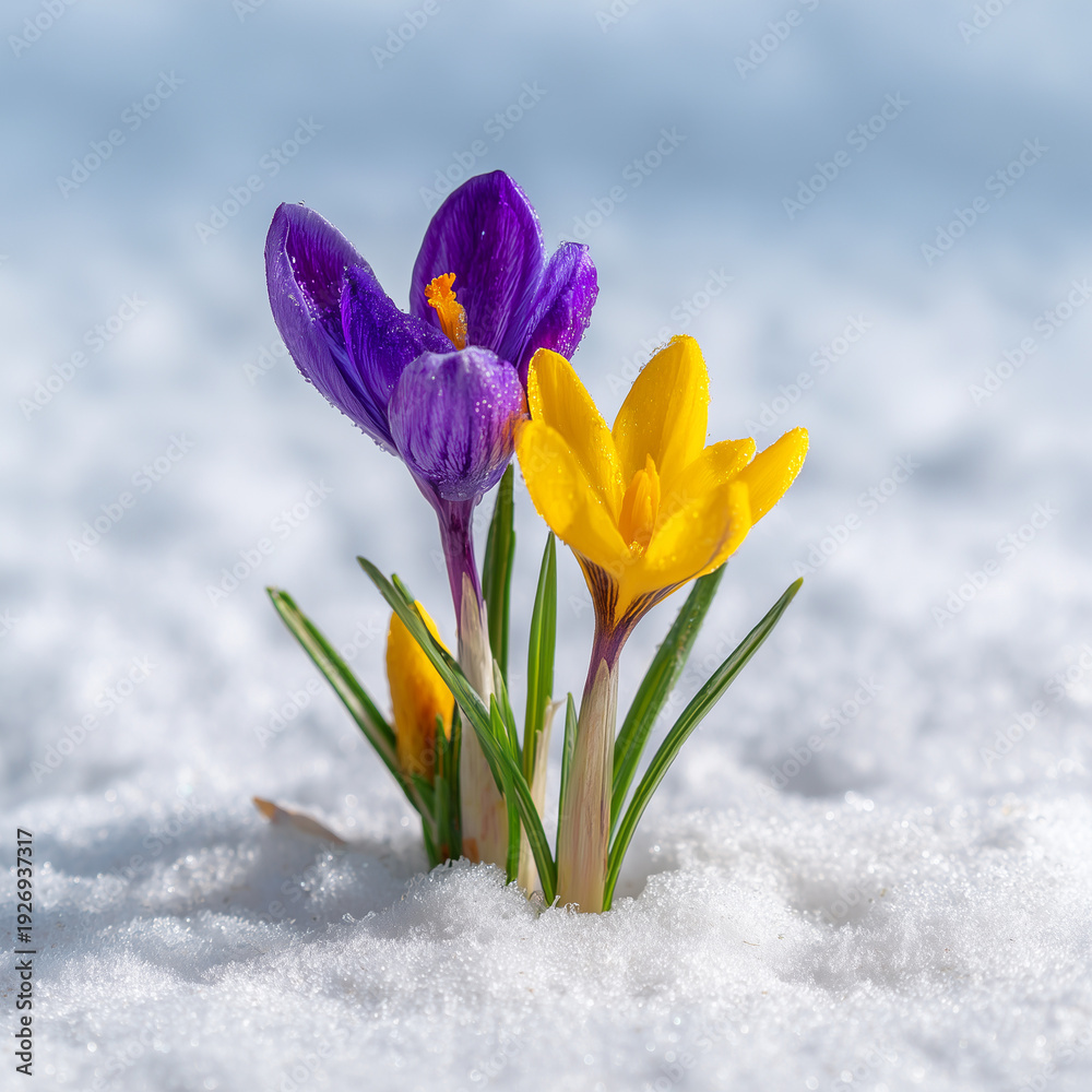 Naklejka premium Purple and yellow crocus flowers blooming through sparkling white snow in early spring