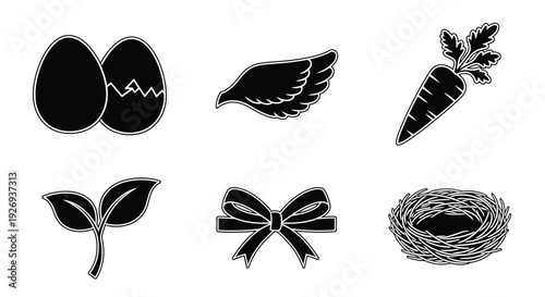 A collection of simple black and white icons representing Easter and spring themes.