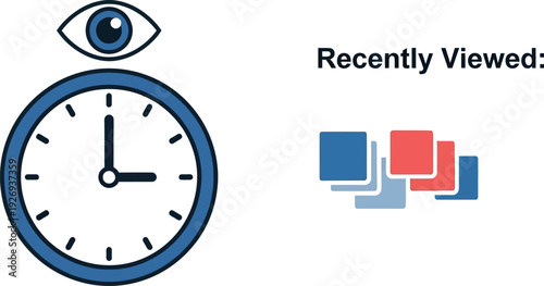 Graphic concept illustrating recently viewed history feature combining a clock and an eye icon to represent time-based tracking of user engagement with digital content cards